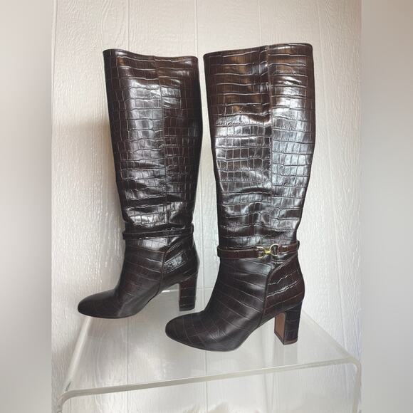 ROUJE PARIS Loana Croco Chocolat Heeled Riding Boots 37 - Picture 5 of 14